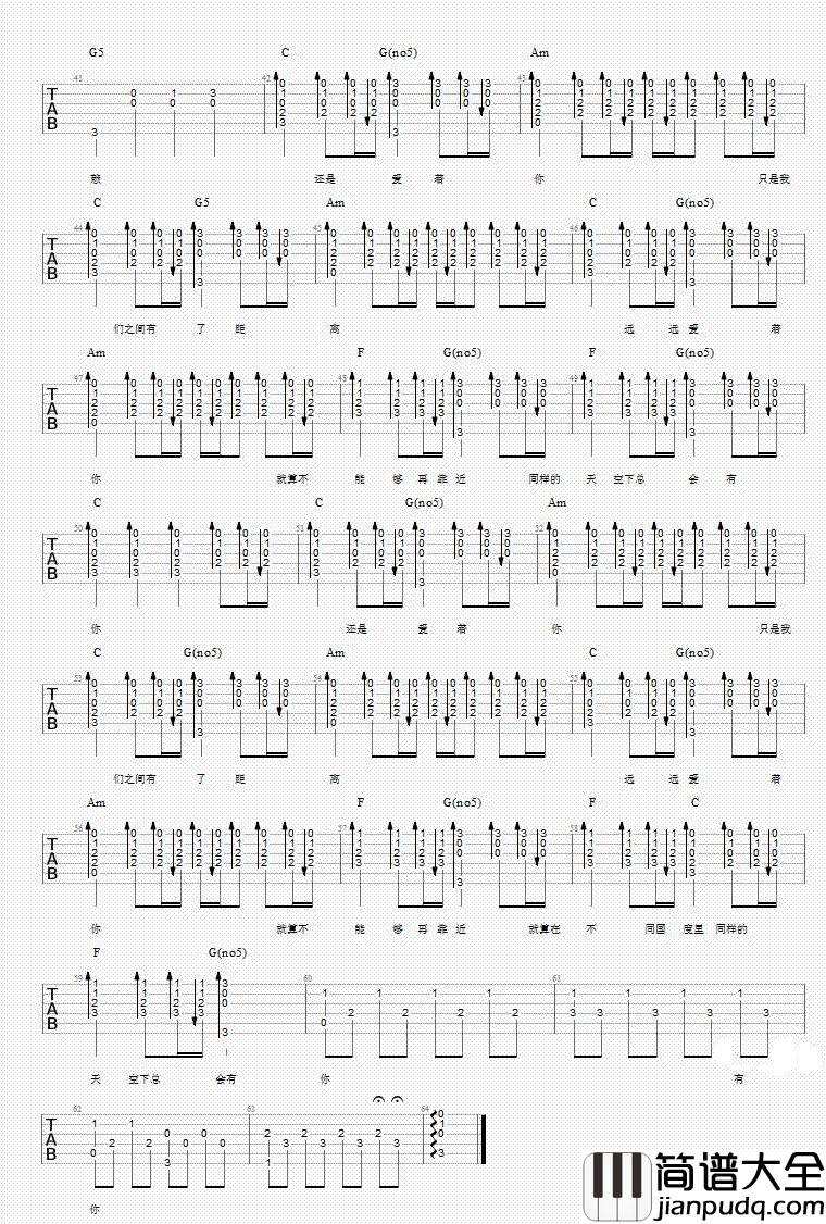远远在一起吉他谱_龚诗嘉_C调_图片谱