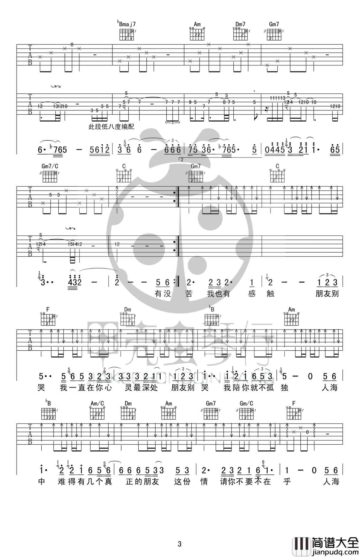 朋友别哭吉他谱_吕方_高清_F调完整版