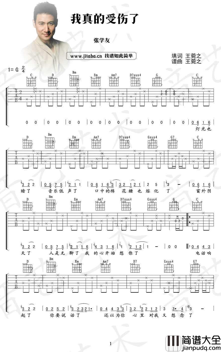 我真的受伤了吉他谱_张学友_图片谱完整版