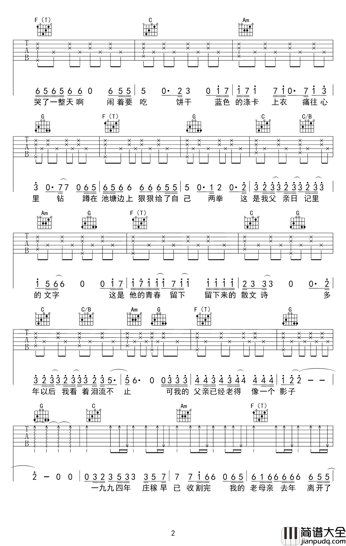 父亲写的散文诗吉他谱_李健_可我的父亲在风中__像一张旧报纸