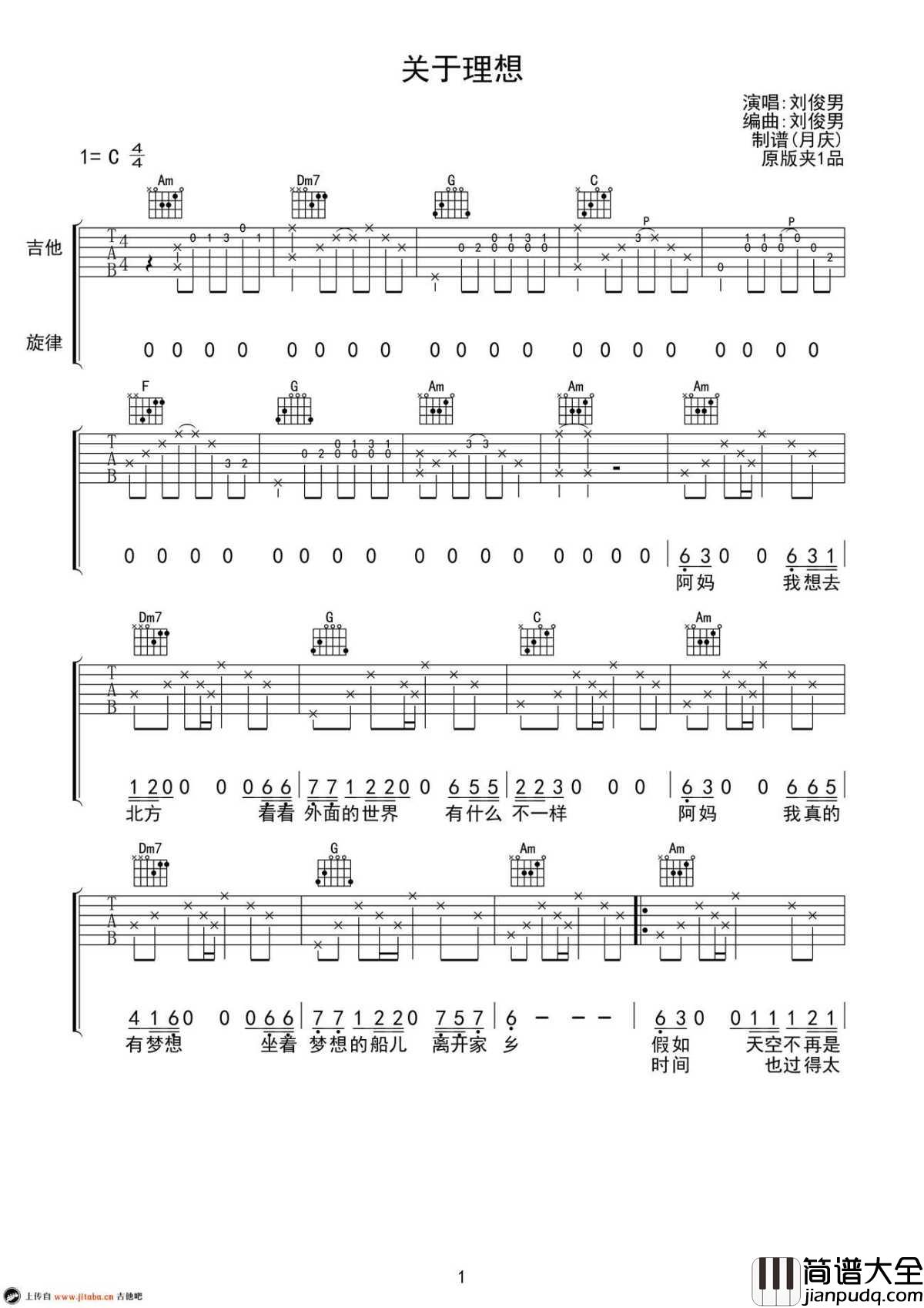 关于理想吉他谱_刘俊男_关于理想