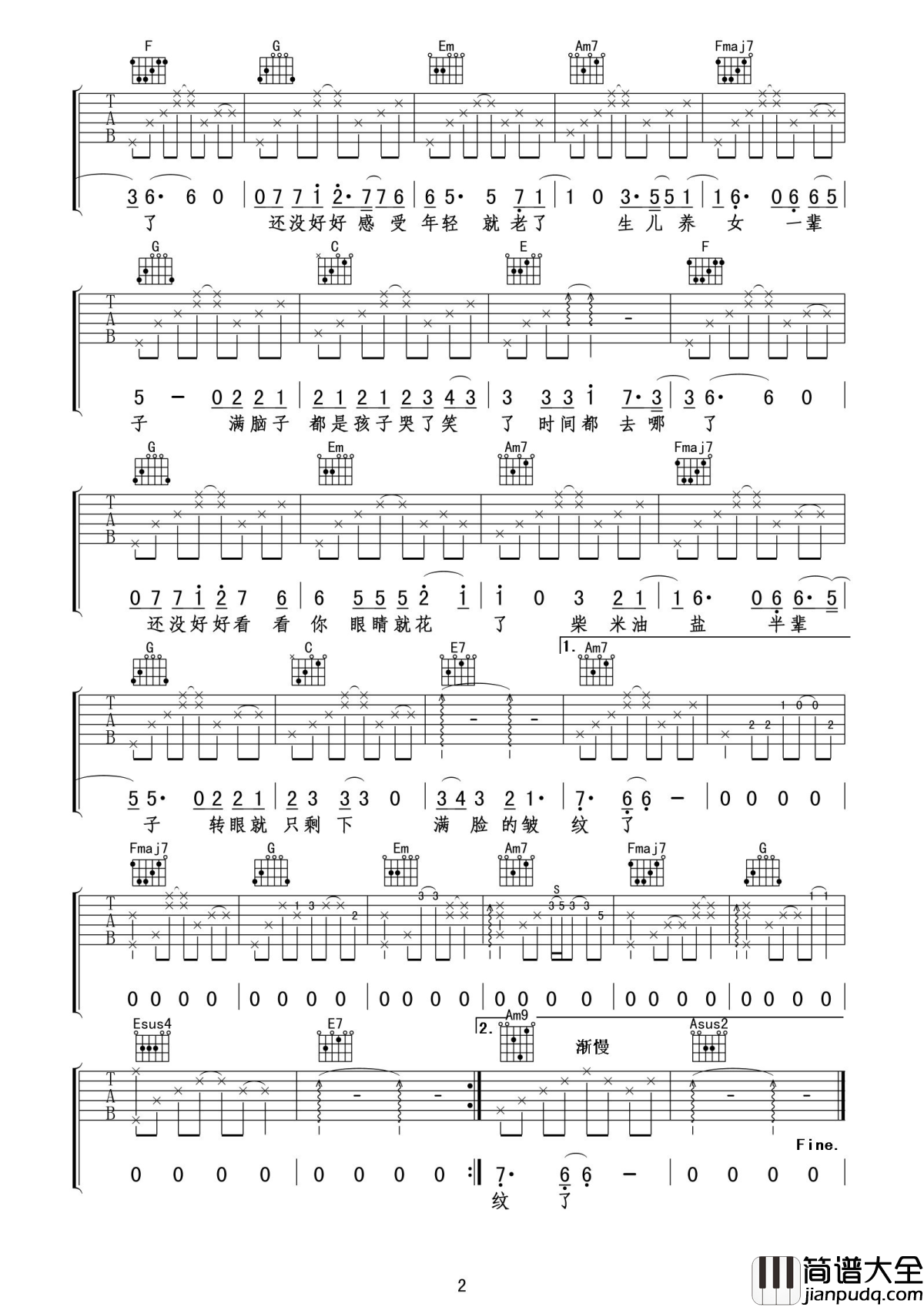 时间都去哪了吉他谱_王铮亮_你在慢慢长大，他们在慢慢变老