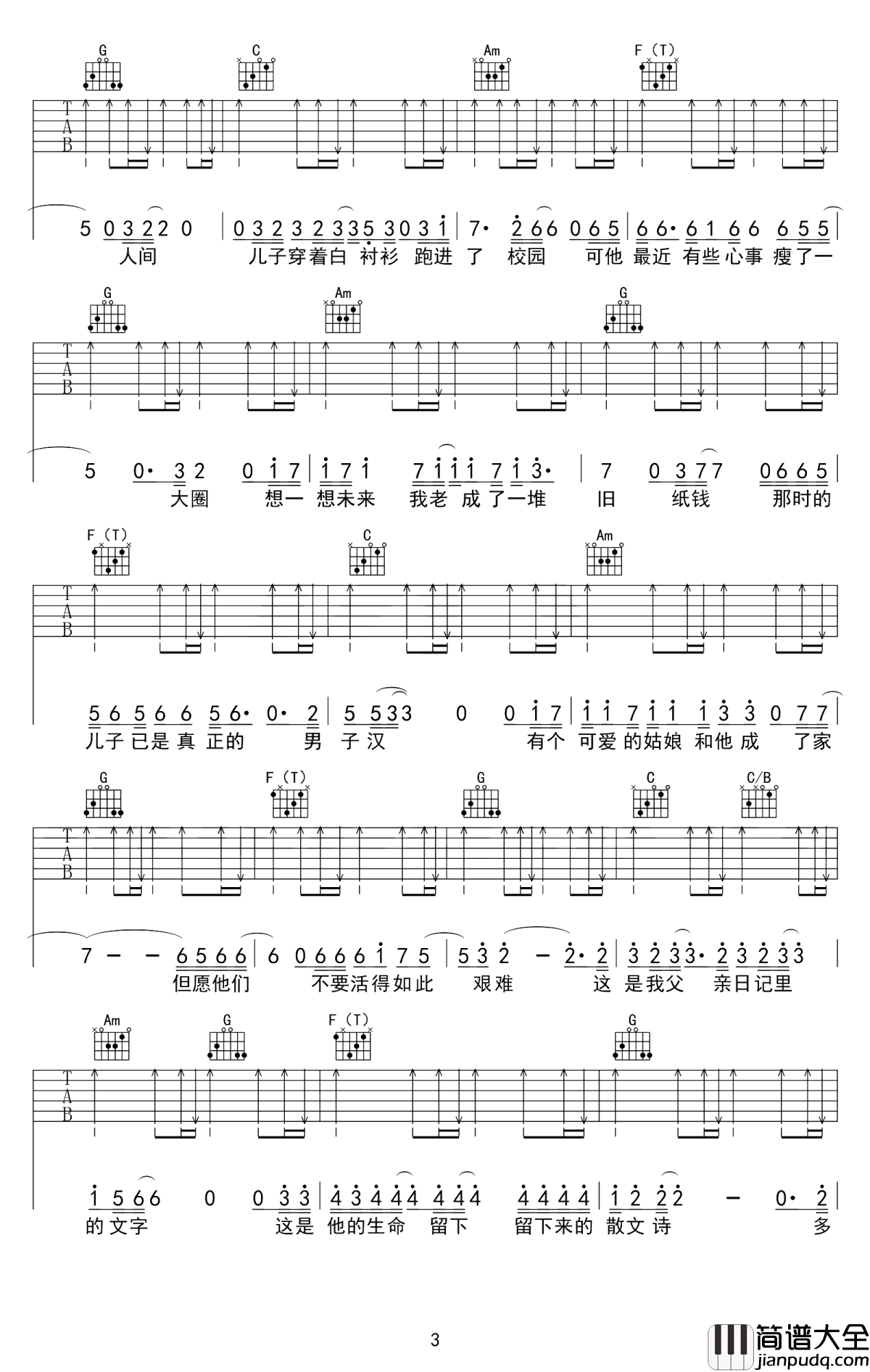 父亲写的散文诗吉他谱_李健_可我的父亲在风中__像一张旧报纸