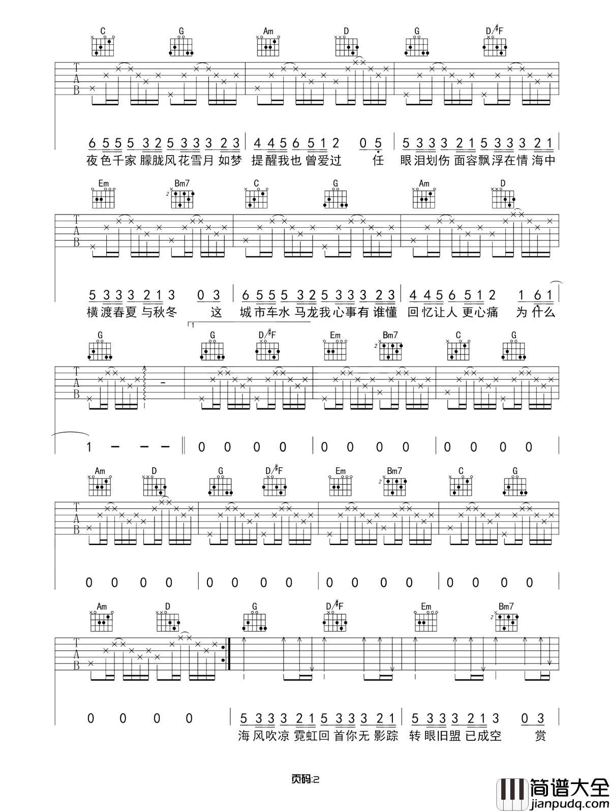 凉城吉他谱_任然_只留下我将红尘看破