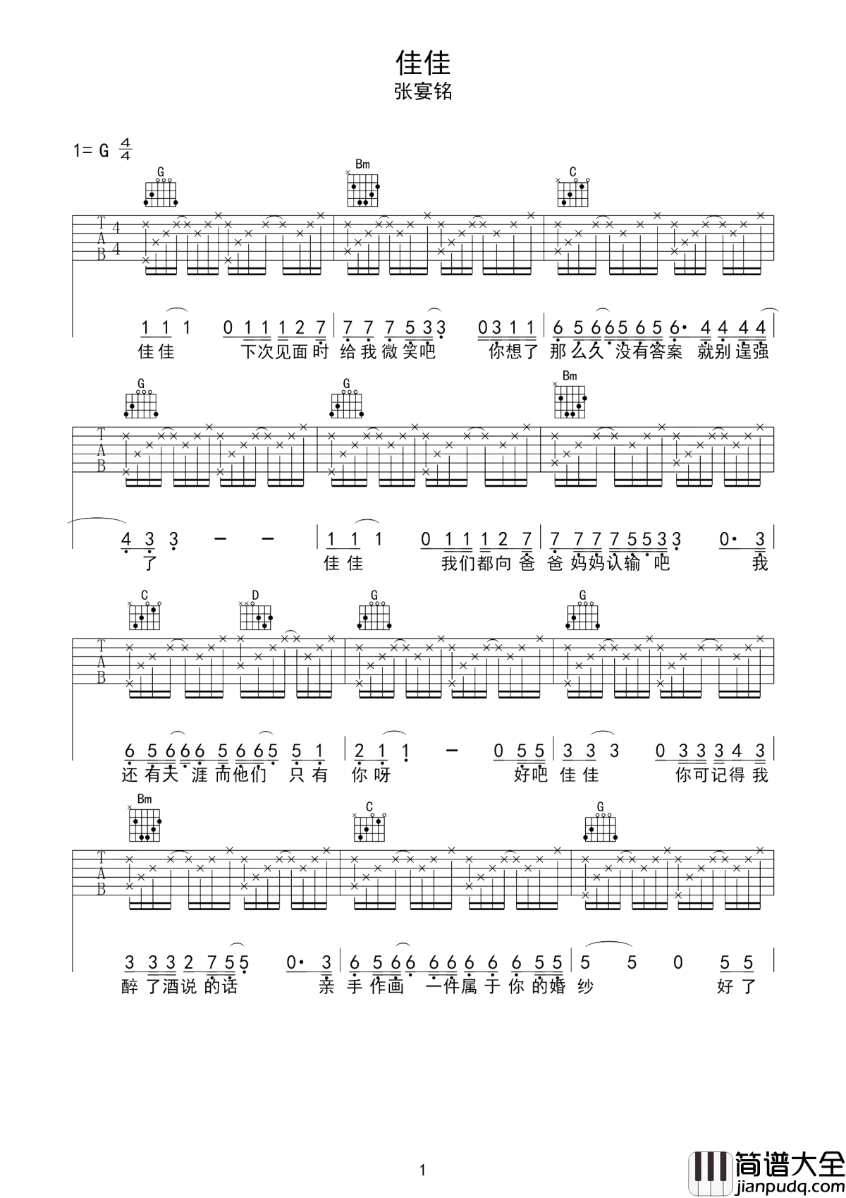 佳佳吉他谱_张晏铭_佳佳,我们都向爸爸妈妈认输吧