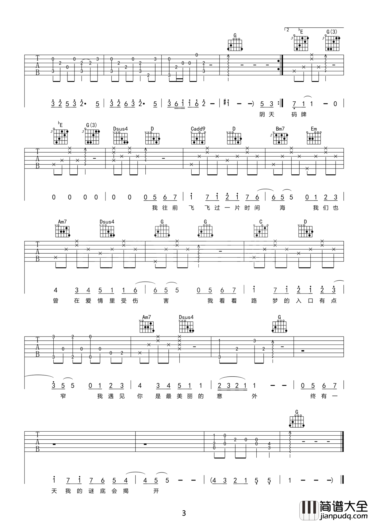 遇见吉他谱_孙燕姿_我等的人_他在多远的未来