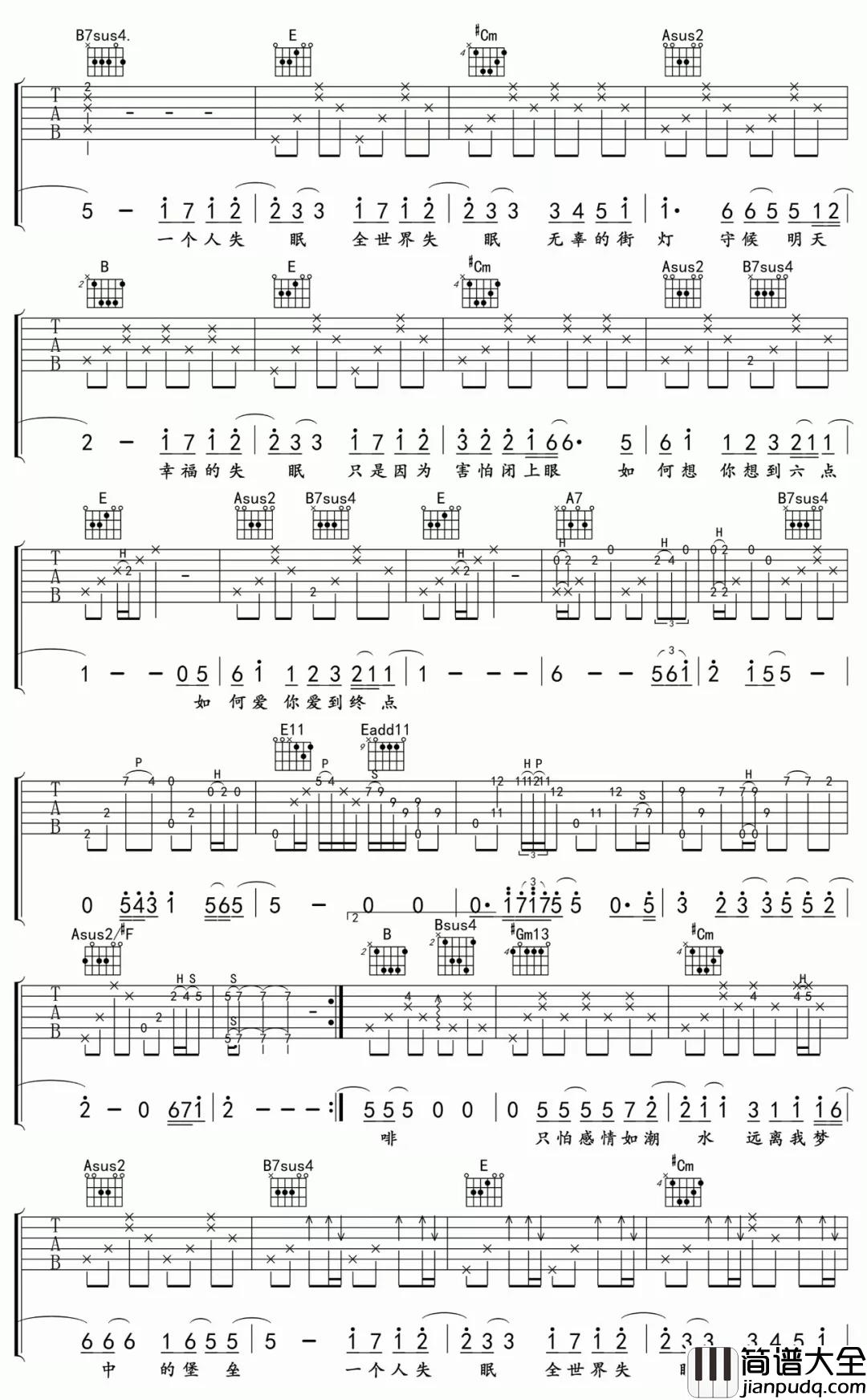 全世界失眠吉他谱_陈奕迅_你有为谁失过眠吗