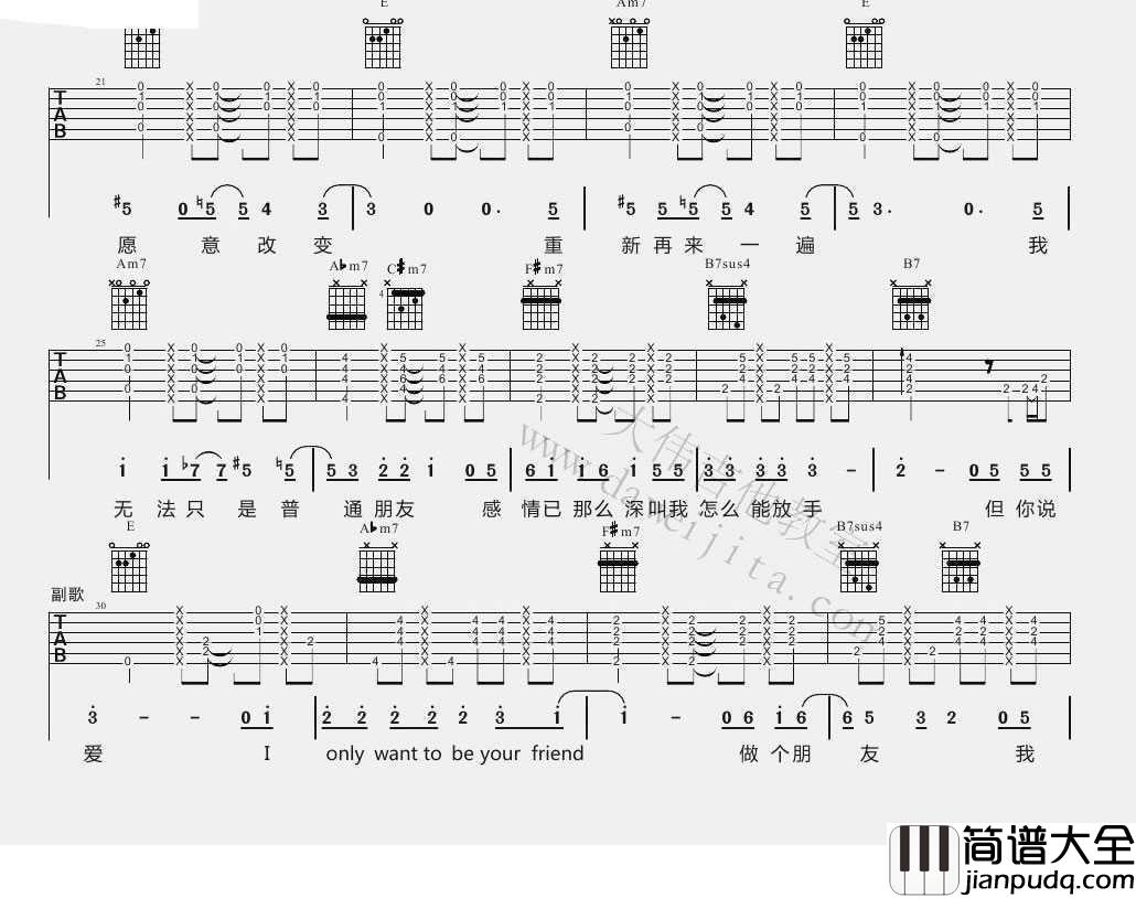 普通朋友吉他谱_E调指法_陶喆_(图片谱)完整版
