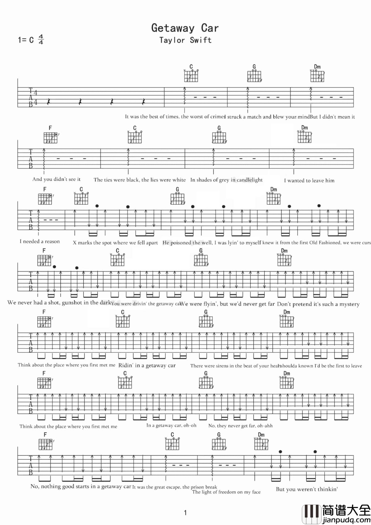 Getaway_Car吉他谱_Taylor_Swif_若隐若现，若即若离