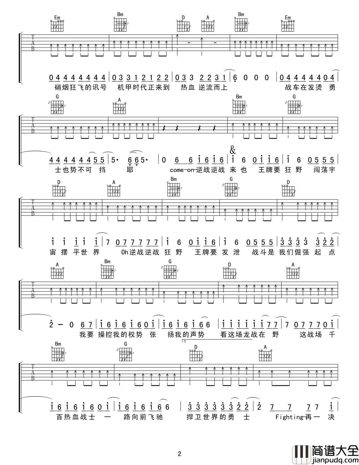 逆战吉他谱_张杰_不管遇到什么事都要怀着向前的方向