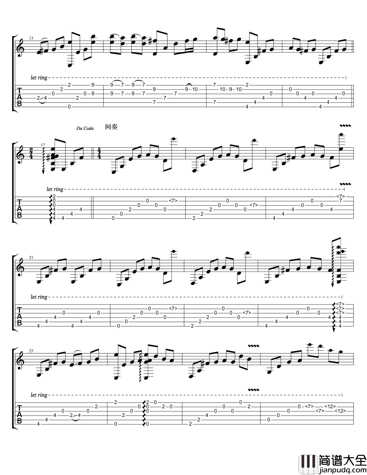 夜的钢琴曲五吉他谱_石进_指弹吉他独奏谱_演示视频