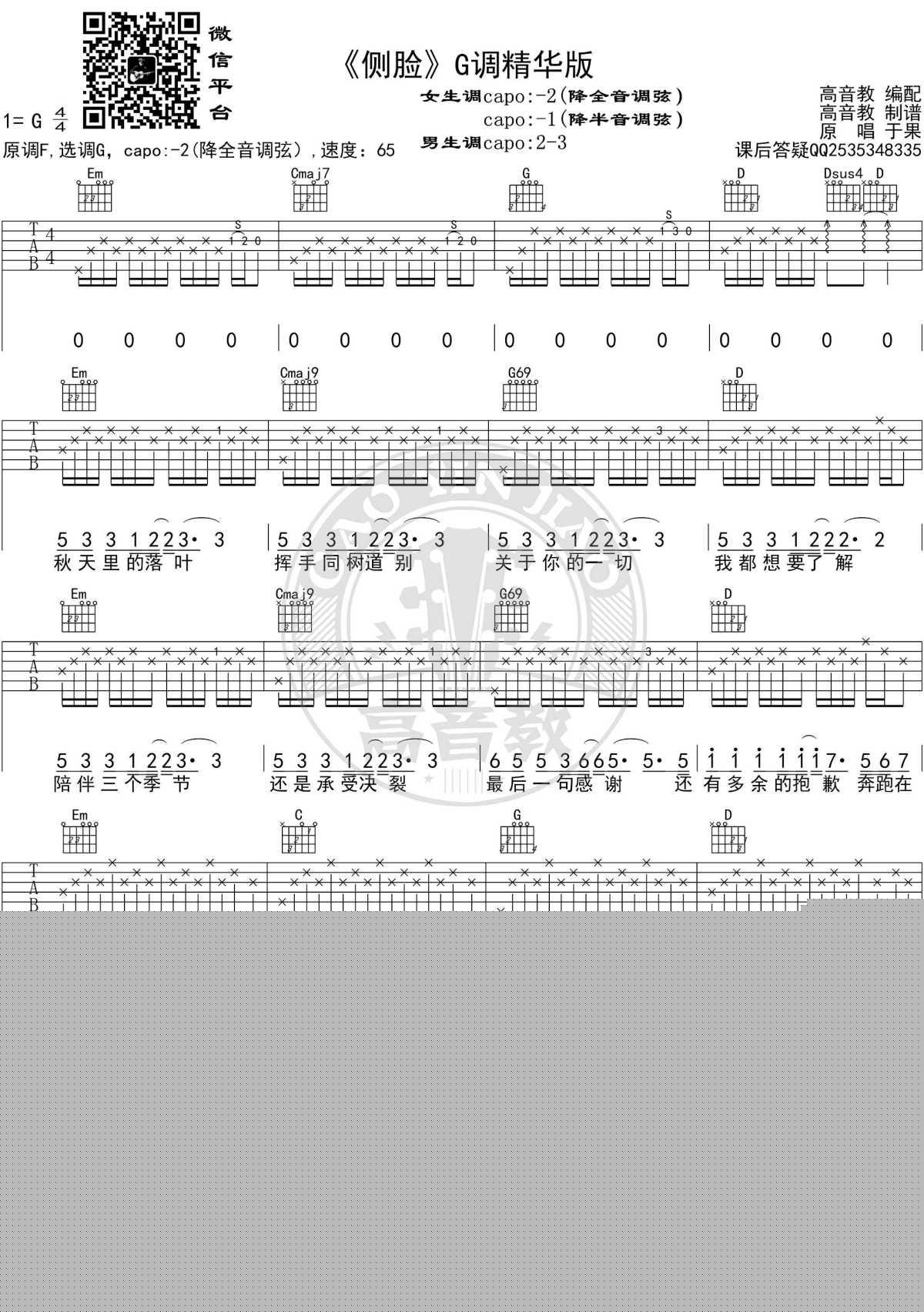 侧脸吉他谱_G调精华版_于果_高音教编配