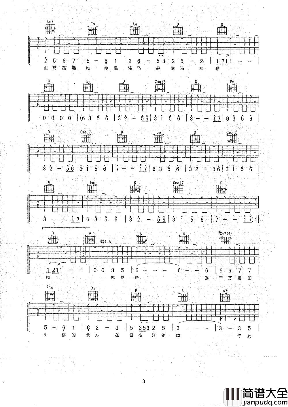 骏马谣吉他谱_王喂马_自由而奔放的骏马，永远不会停下奔跑的脚步