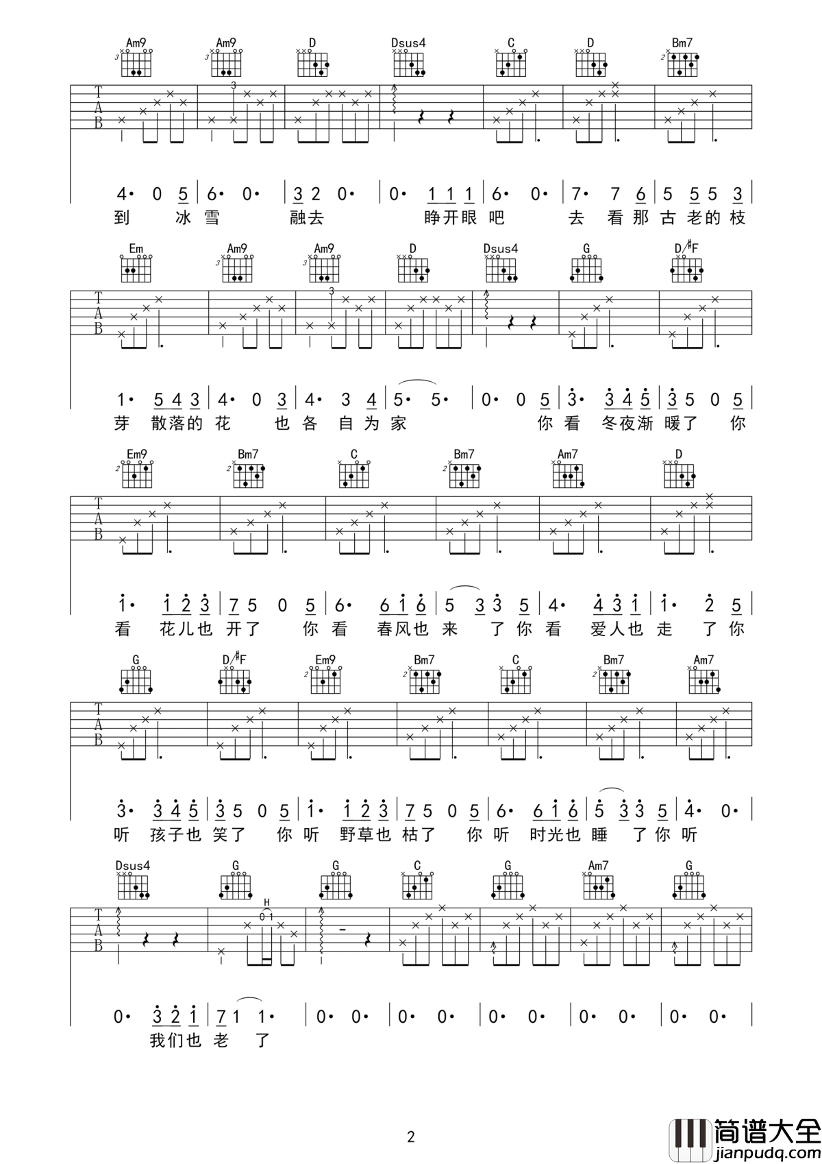 花落知多少吉他谱_倪健_睁开眼吧去看那古老的枝芽__散落的花也各自为家