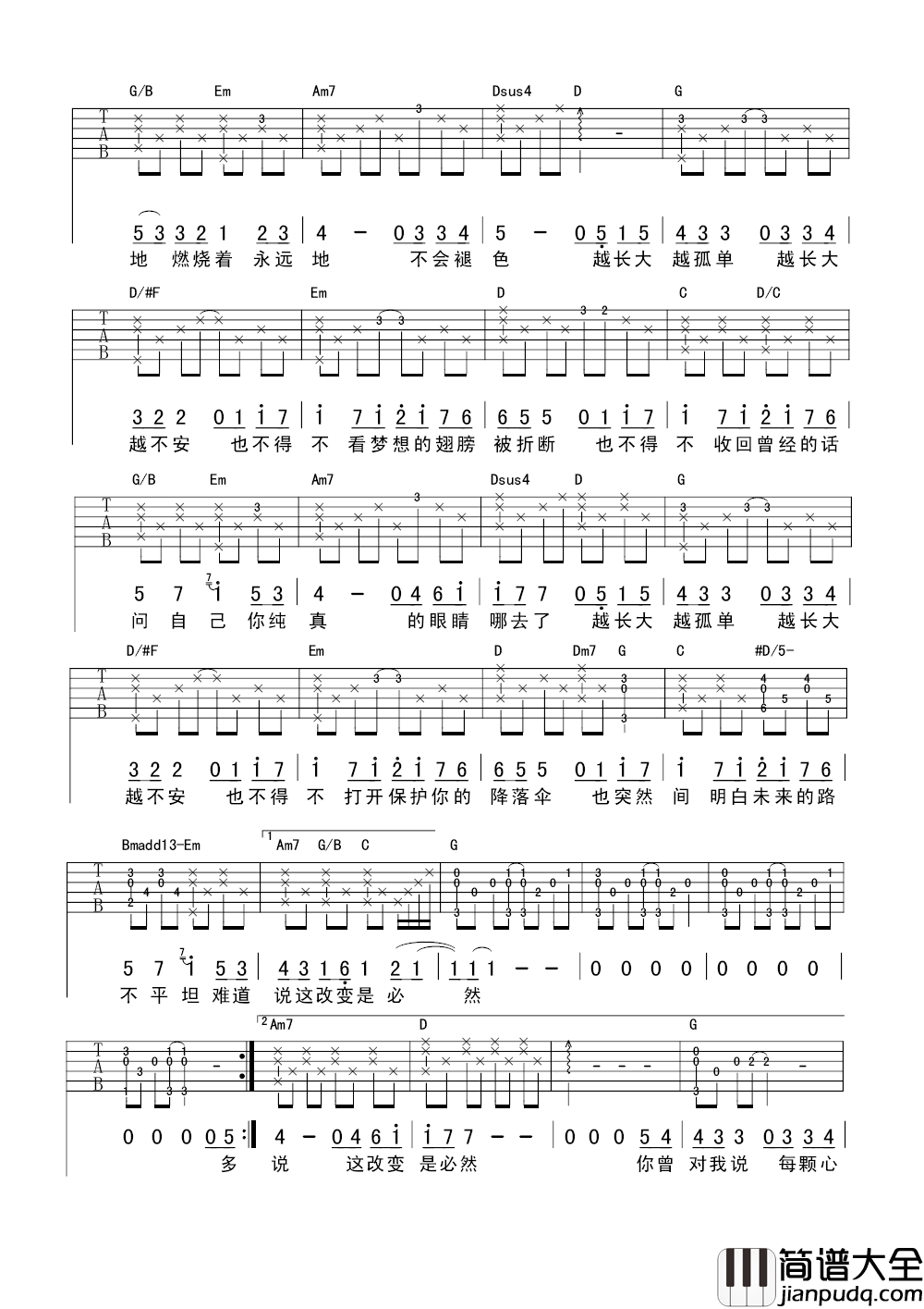 越长大越孤单吉他谱_牛奶咖啡_转身望去，我们已然长大