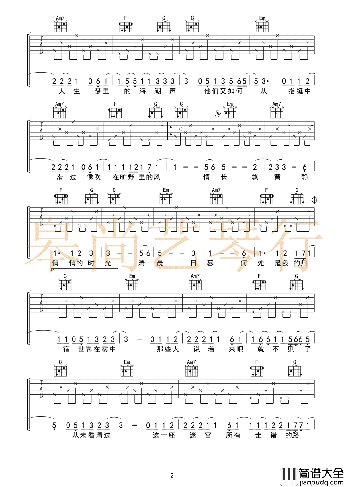 猎户星座吉他谱_C调简单版_朴树_高清
