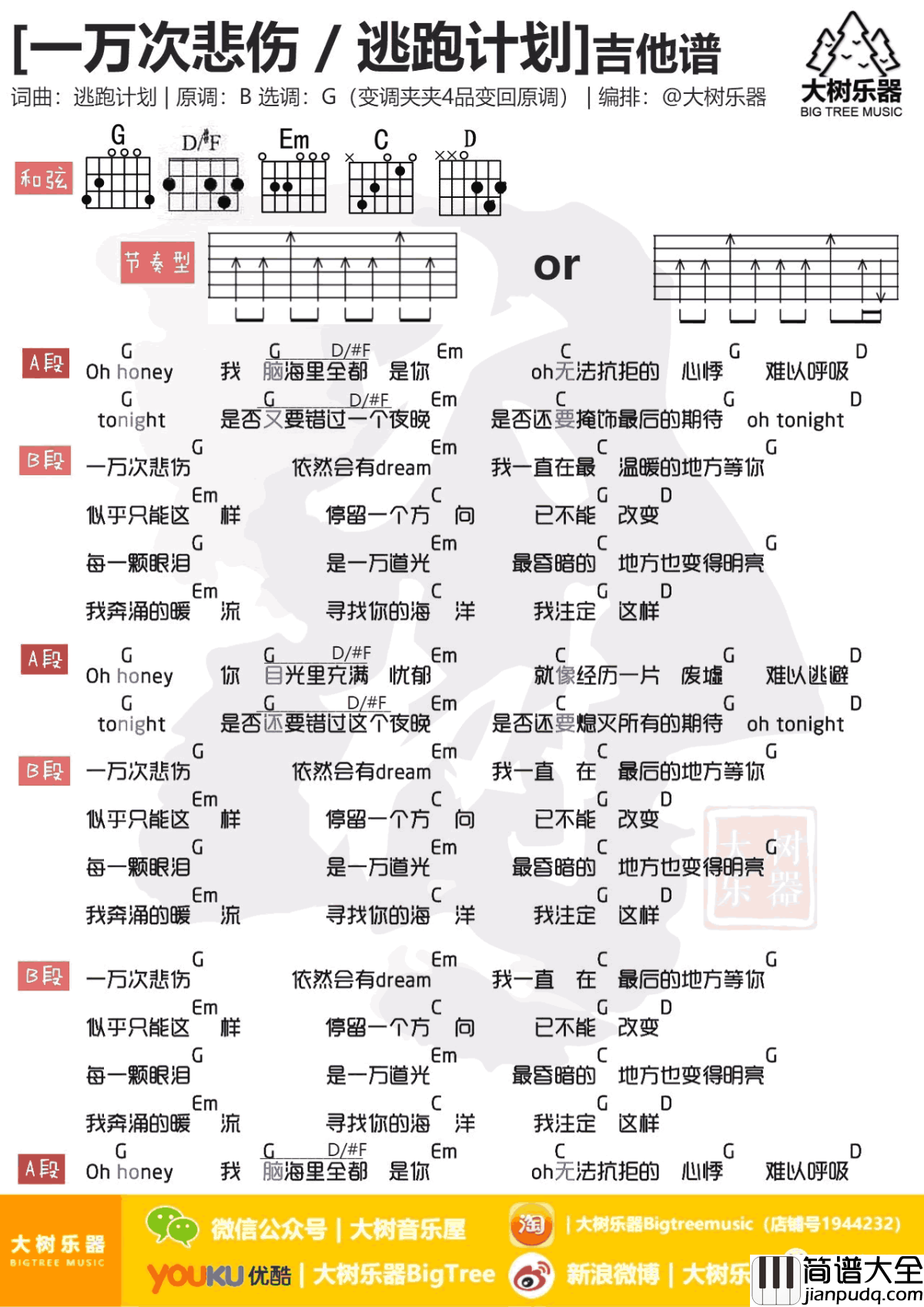 一万次悲伤吉他谱_逃跑计划_G调扫弦版_吉他弹唱教学视频