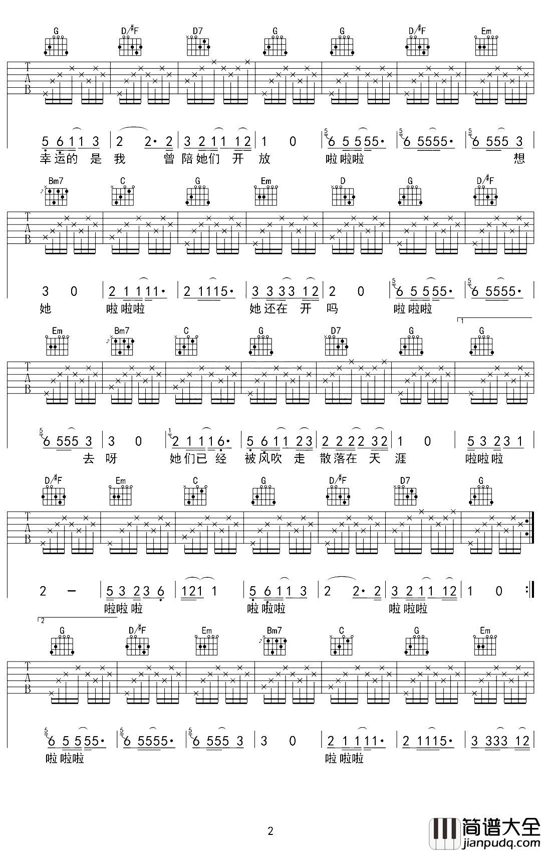 那些花儿吉他谱_朴树_她们已经被风带走散落在天涯