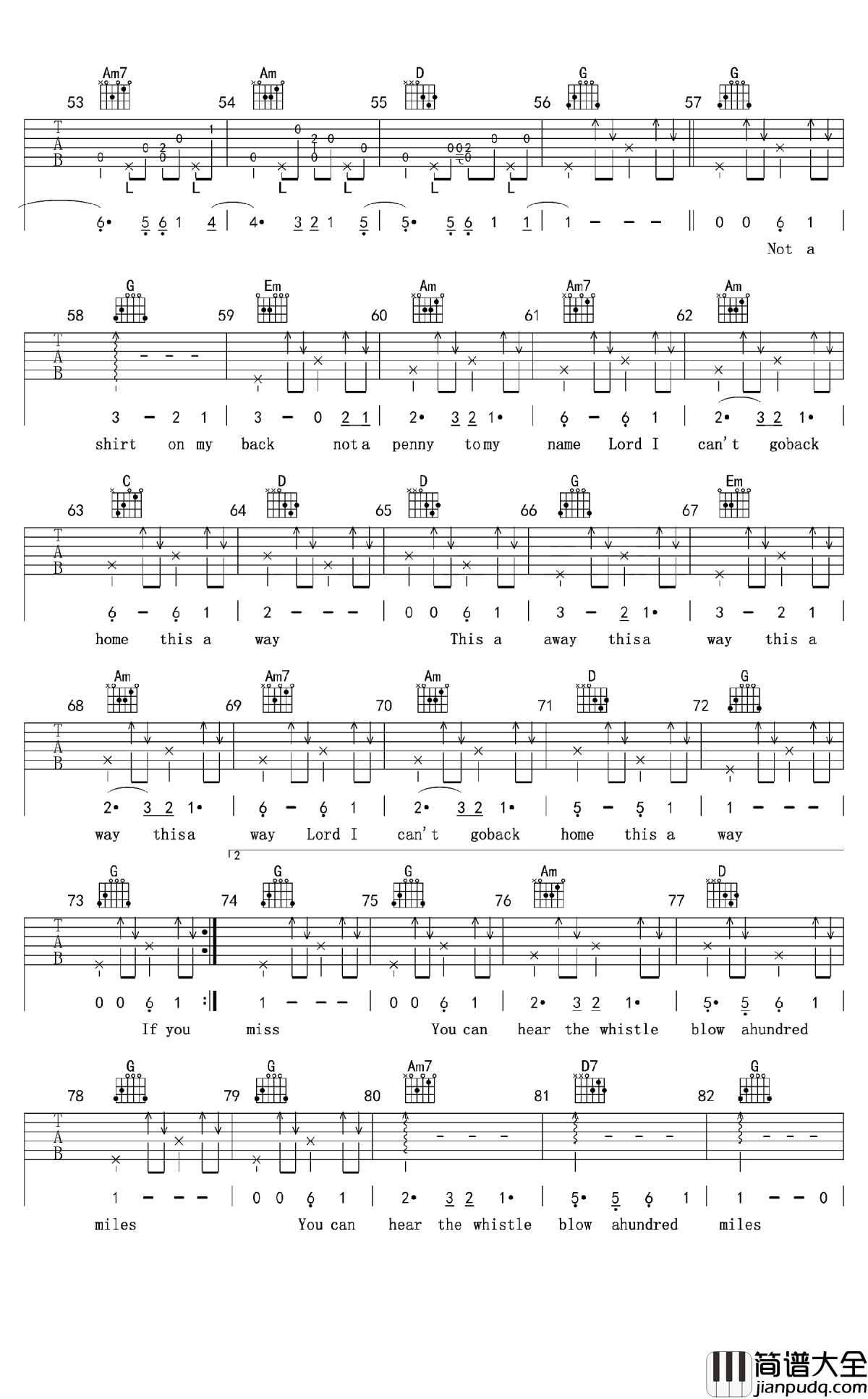 500miles吉他谱_醉乡民谣_我和你只是间隔500英里