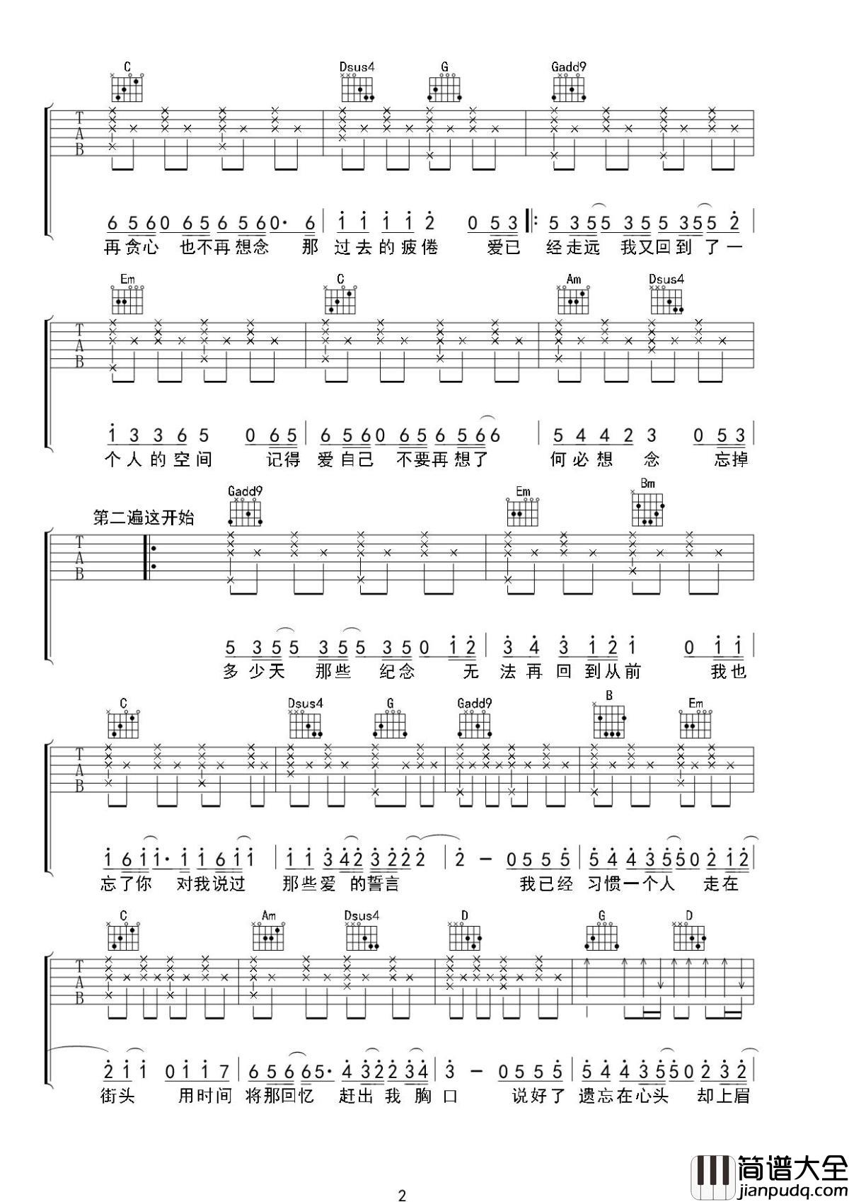 习惯一个人吉他谱_刘崇建_一个人默默地走了好多年，走着走着就不那么脆弱了