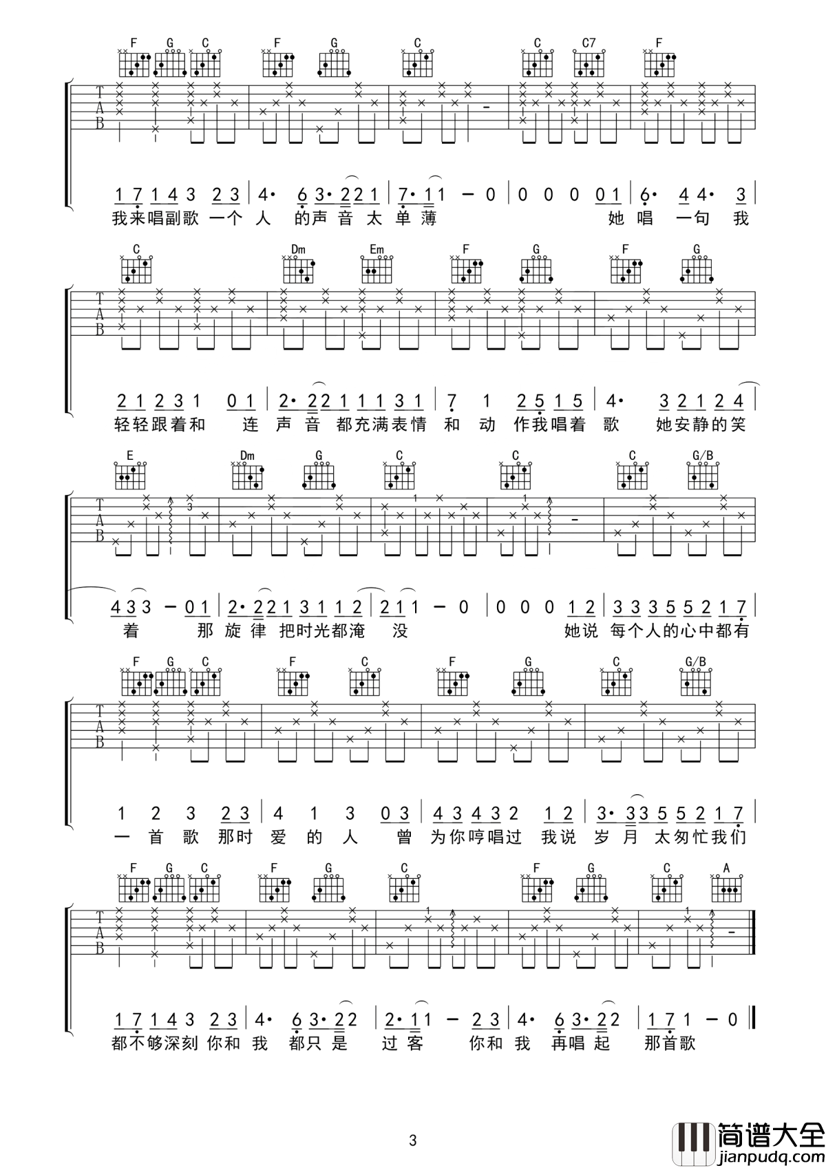 她说每个人的心中都有一首歌吉他谱_陈小熊_那时爱的人_曾为你哼唱过