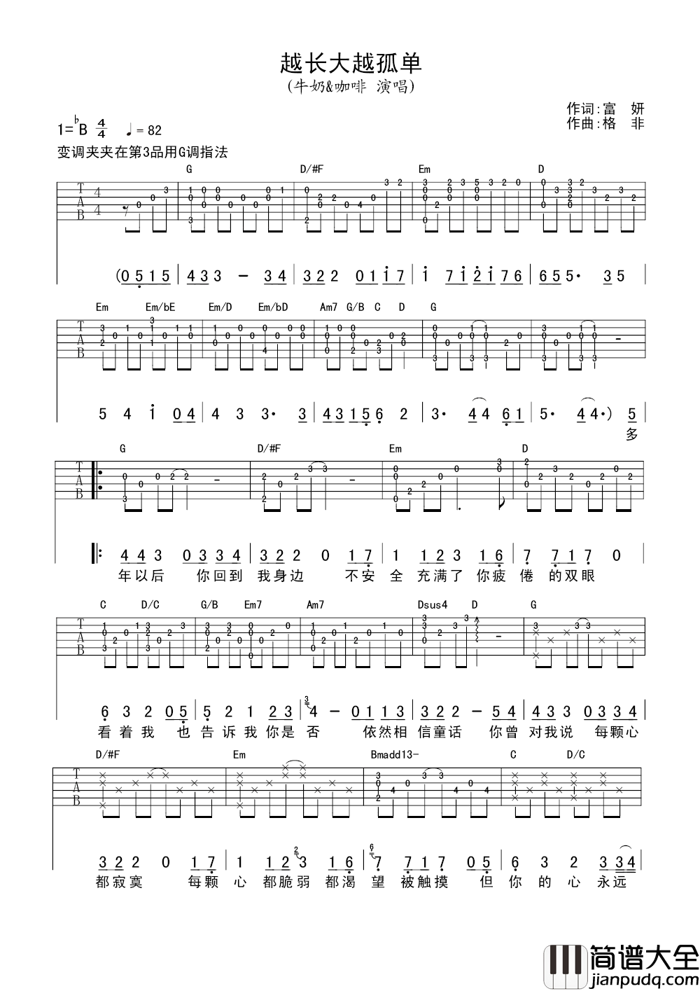 越长大越孤单吉他谱_牛奶咖啡_转身望去，我们已然长大