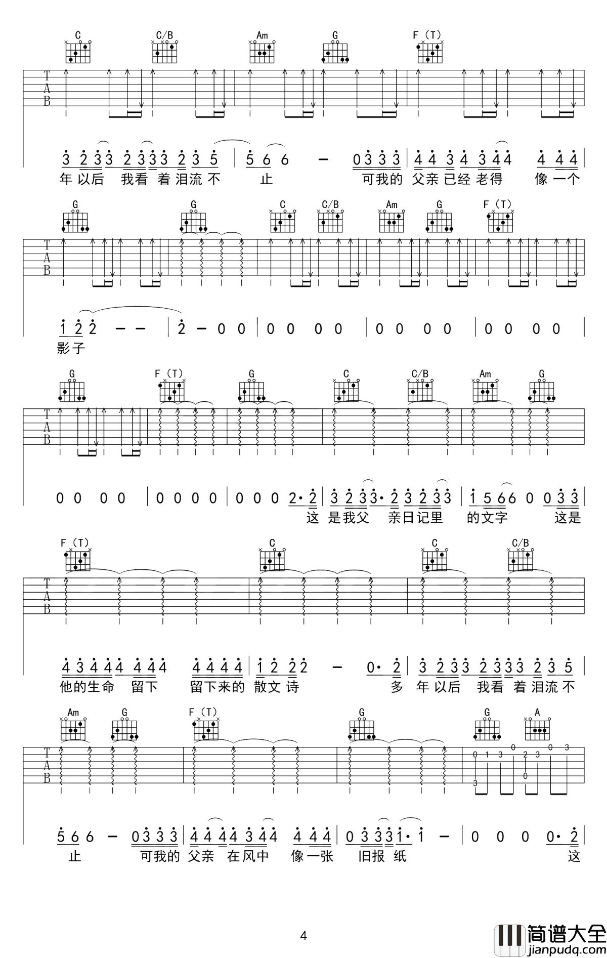 父亲写的散文诗吉他谱_李健_可我的父亲在风中__像一张旧报纸