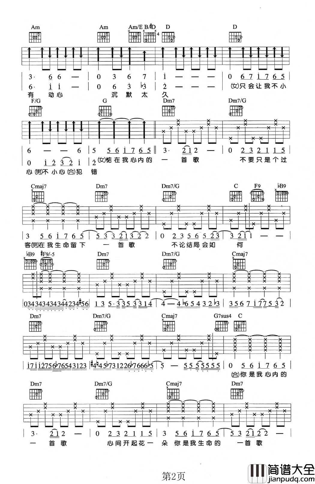 你是我心内的一首歌吉他谱_王力宏_-_Selina_世间一切只因有你存在