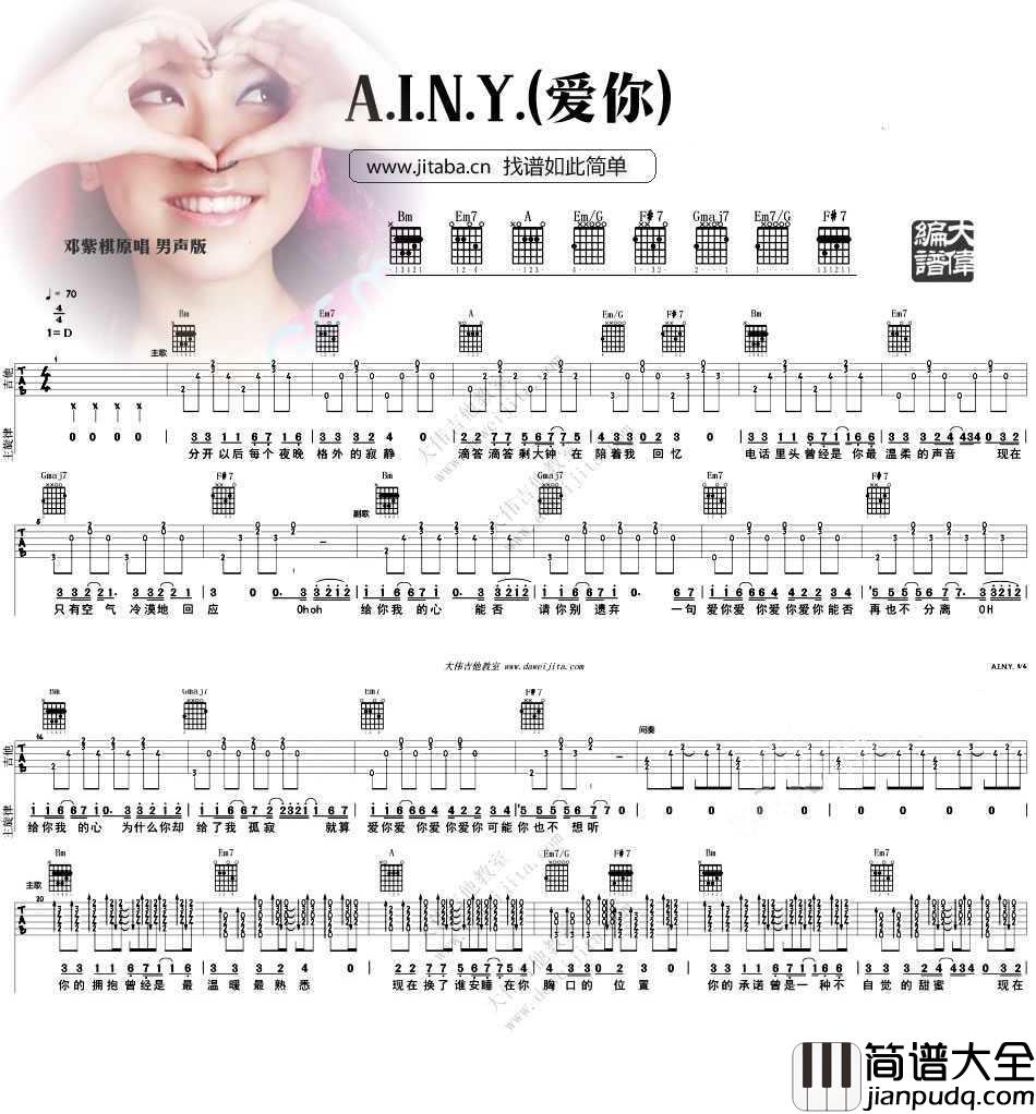 AINY爱你吉他谱_邓紫棋_A.I.N.Y(男声版)