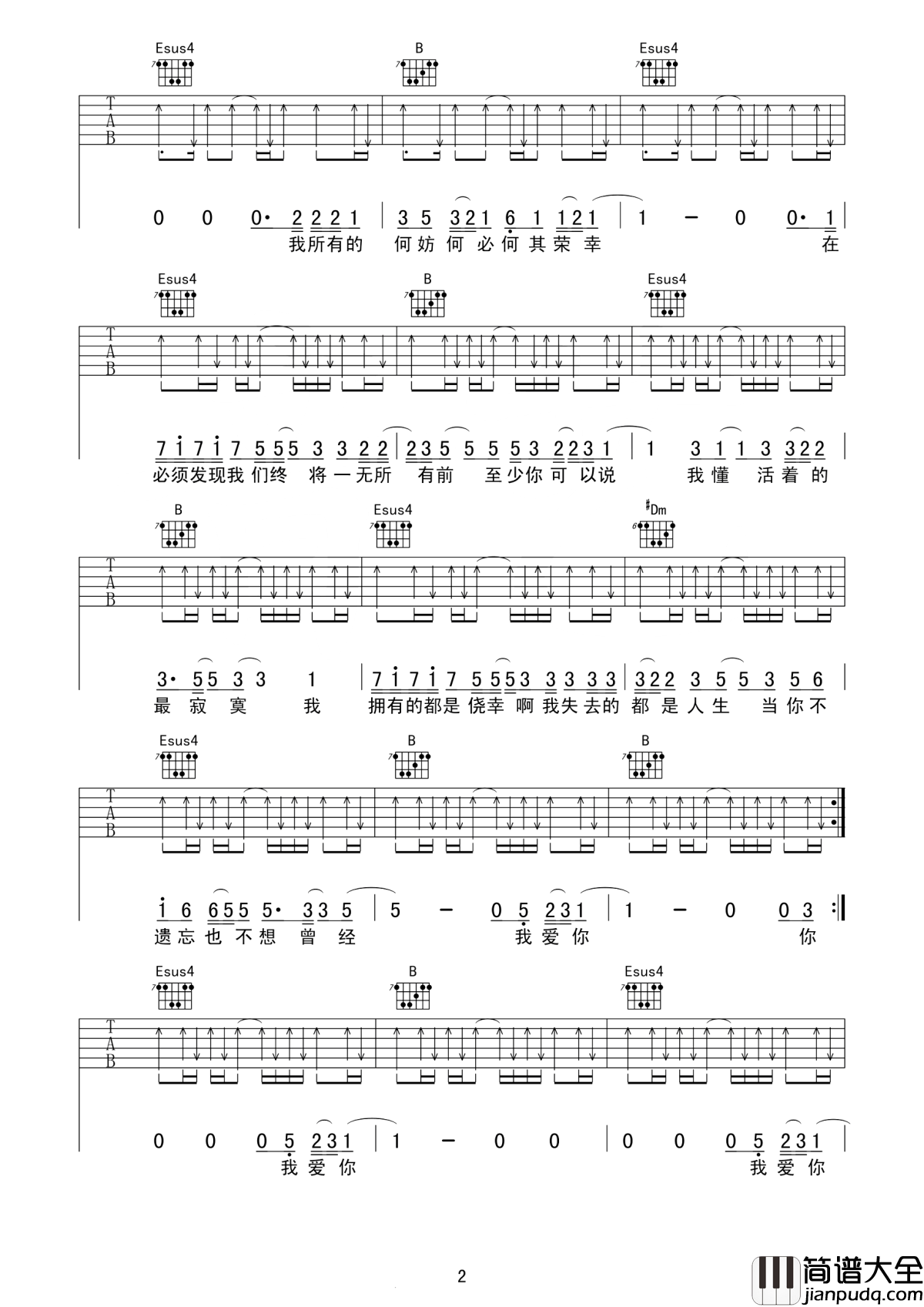 关于我爱你吉他谱_张悬_有些爱只能止于唇齿，掩于岁月