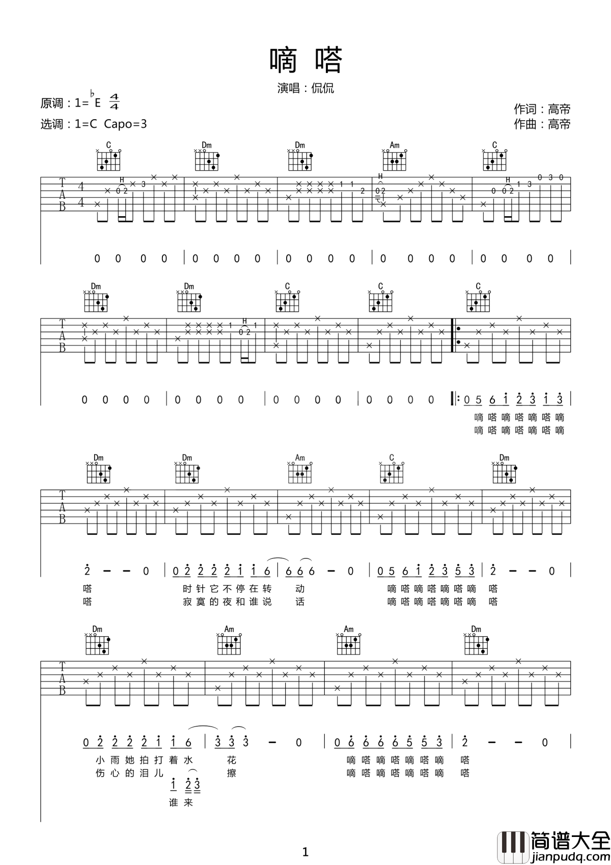滴答吉他谱_侃侃_还会有人把你牵挂