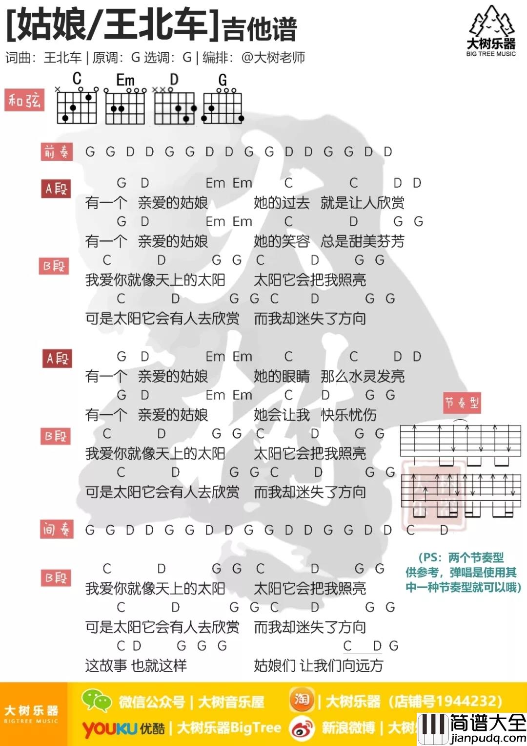 姑娘吉他谱_王北车_每个男生都会有一个亲爱的姑娘
