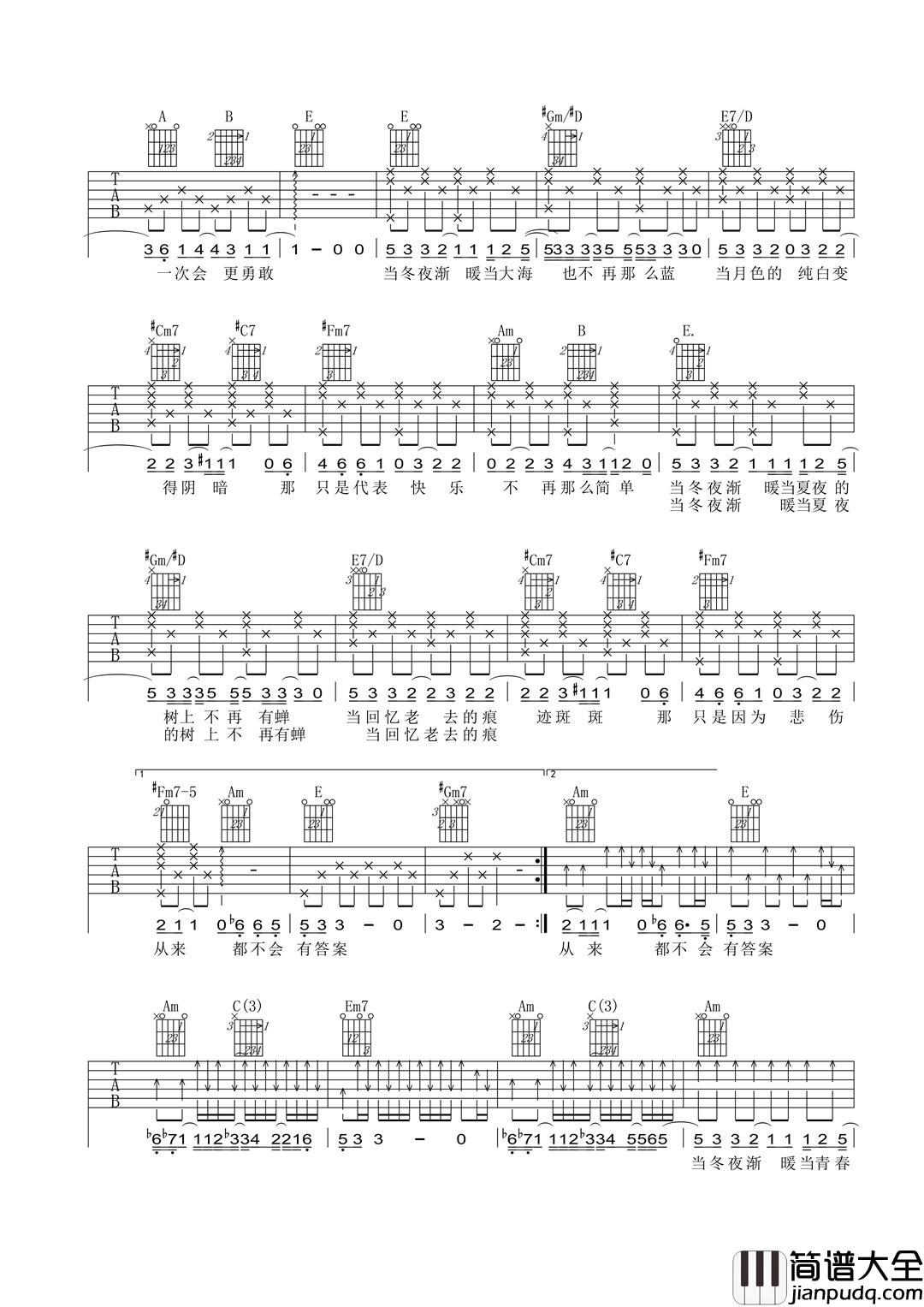 当冬夜渐暖吉他谱_孙燕姿_当冬夜渐暖当青春也都烟消云散