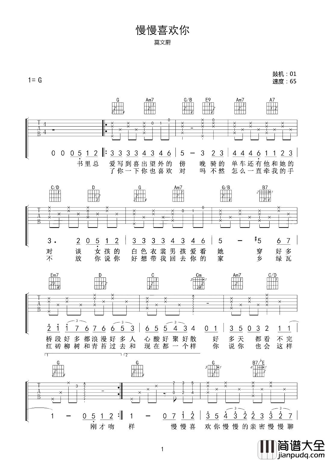 慢慢喜欢你吉他谱_莫文蔚_仿佛陷入一段清新而浪漫的爱恋中