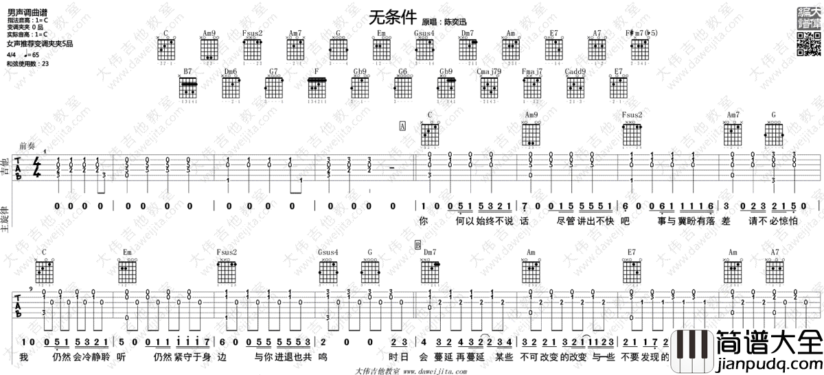 无条件吉他谱_陈奕迅_无条件_C调_吉他教学视频