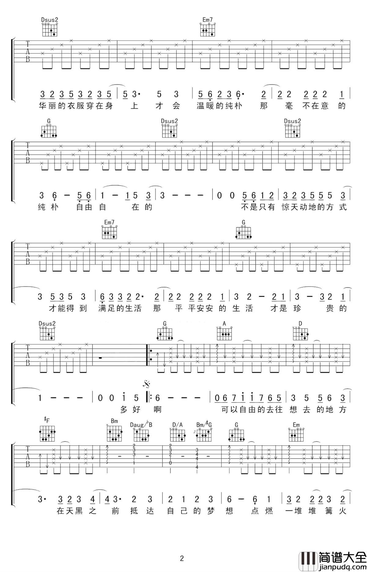 多好啊吉他谱_谭维维-羽·泉__好想去一个风景秀美的地方开个客栈或民谣吧