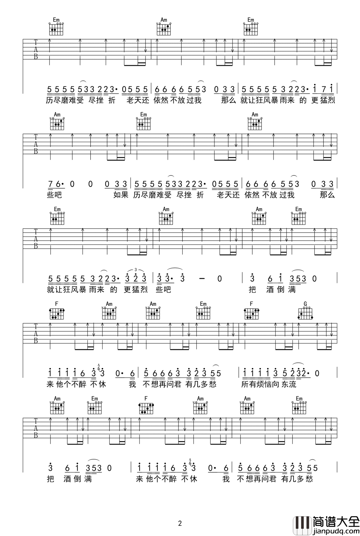 把酒倒满吉他谱_李晓杰_高清_图片谱