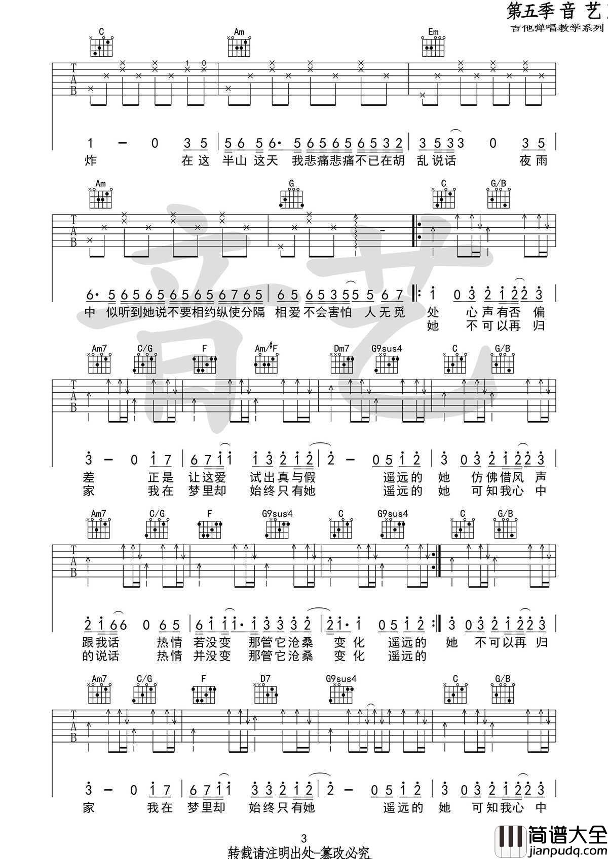 遥远的她_吉他谱_C调指法编配_张学友高清版