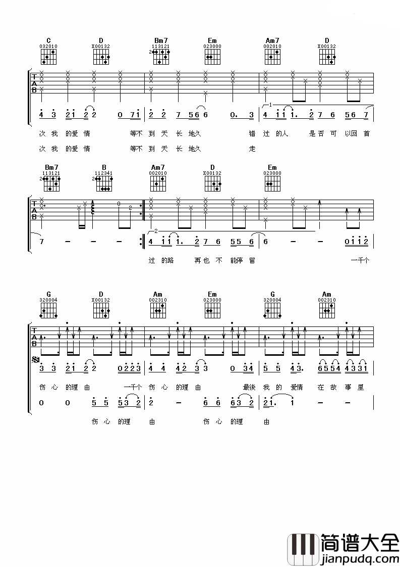 一千个伤心的理由吉他谱_张学友_在别人的故事里我被遗忘