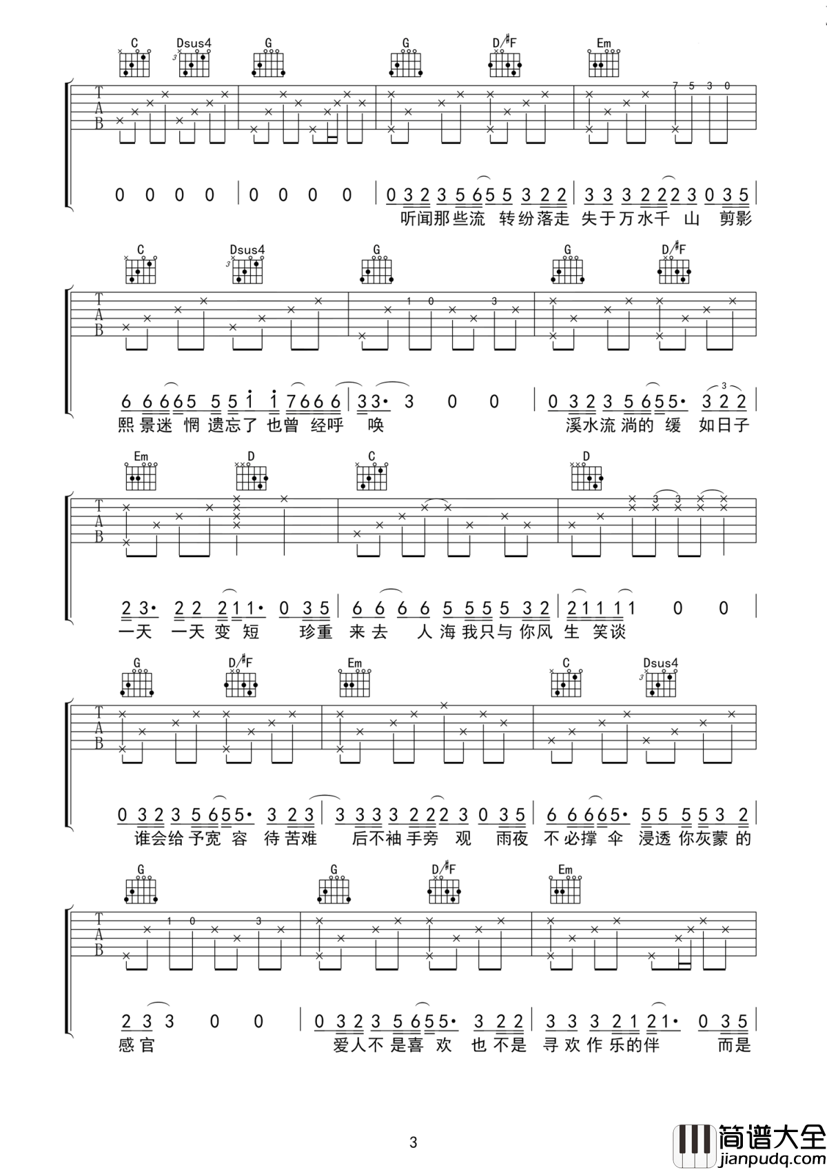 短叹吉他谱_房东的猫_短叹时间不等行路人,制造了刺心的遗憾