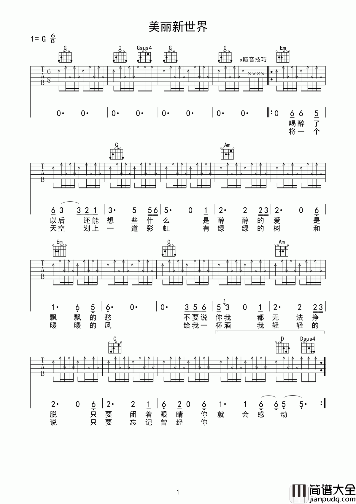 美丽新世界吉他谱_伍佰_对陌生人的倾诉不无视也不关心