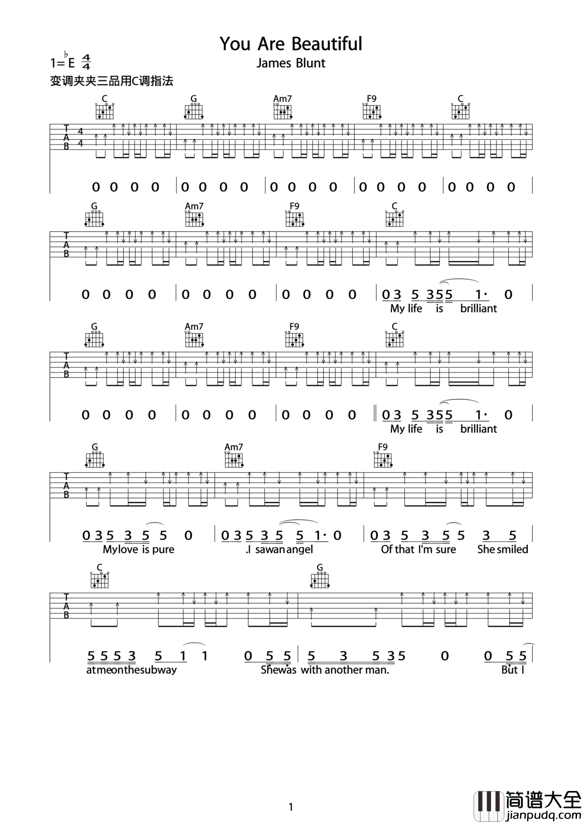 You_Are_Beautiful吉他谱_james_blunt_旋律动人，史诗般的大气矜贵
