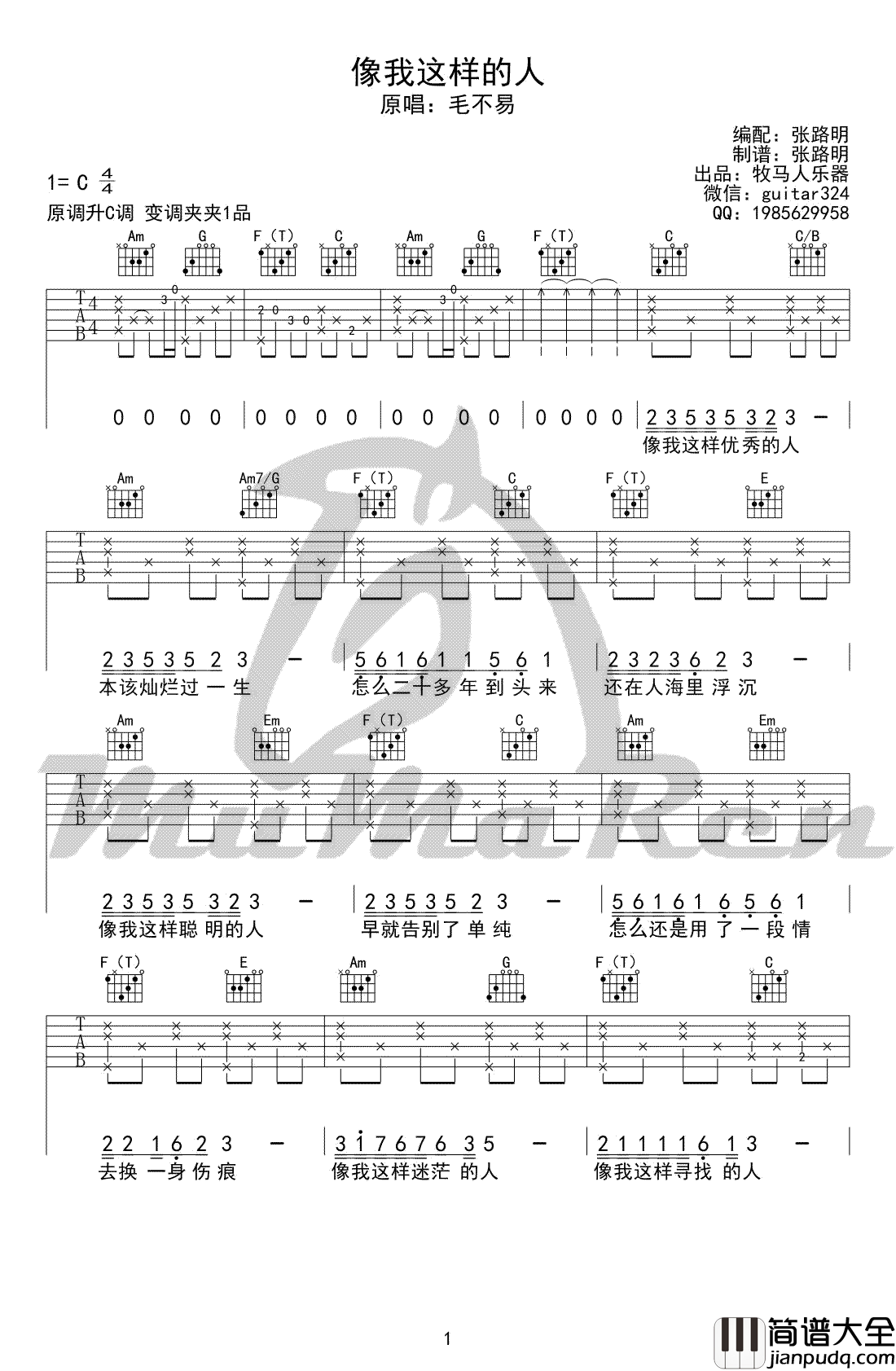 像我这样的人吉他谱_C调_毛不易_高清图片