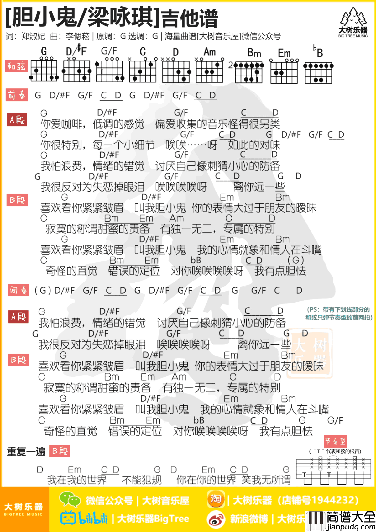 胆小鬼吉他谱_梁咏琪_G调_和弦图片谱