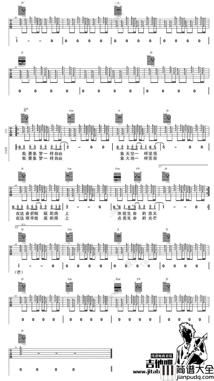 像梦一样自由吉他谱_汪峰_高清完美版弹唱谱