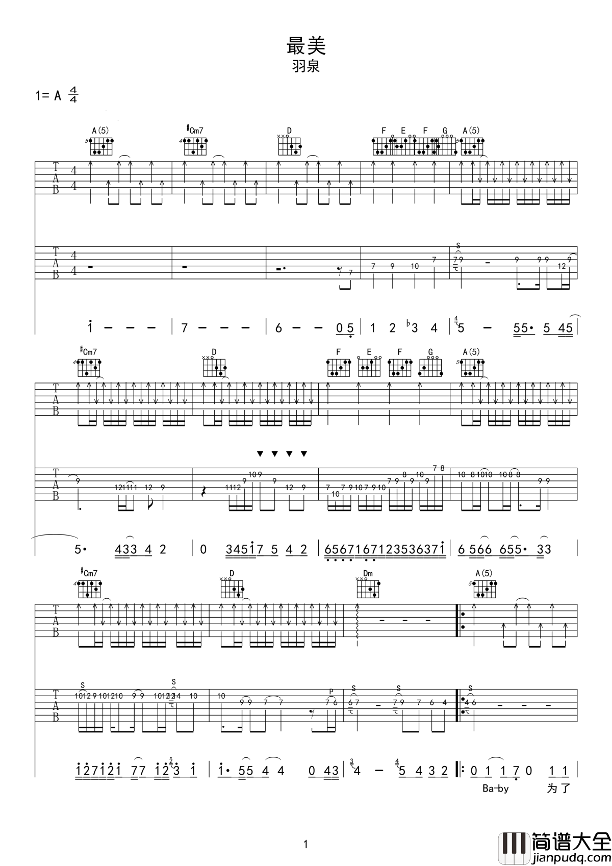 最美吉他谱_羽泉_有一天，你会是我眼中的最美