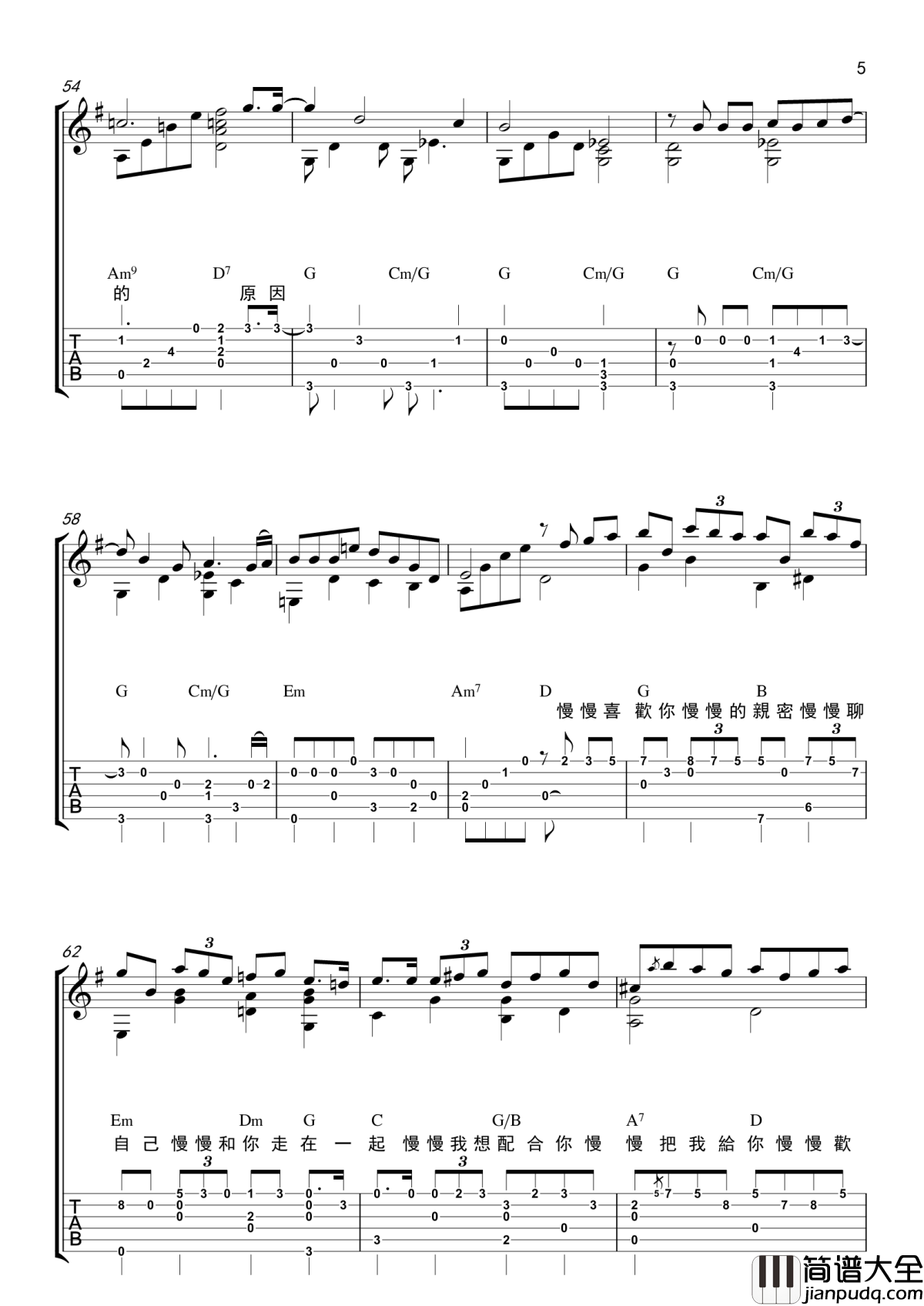 慢慢喜欢你指弹谱_莫文蔚_吉他独奏谱_指弹吉他视频