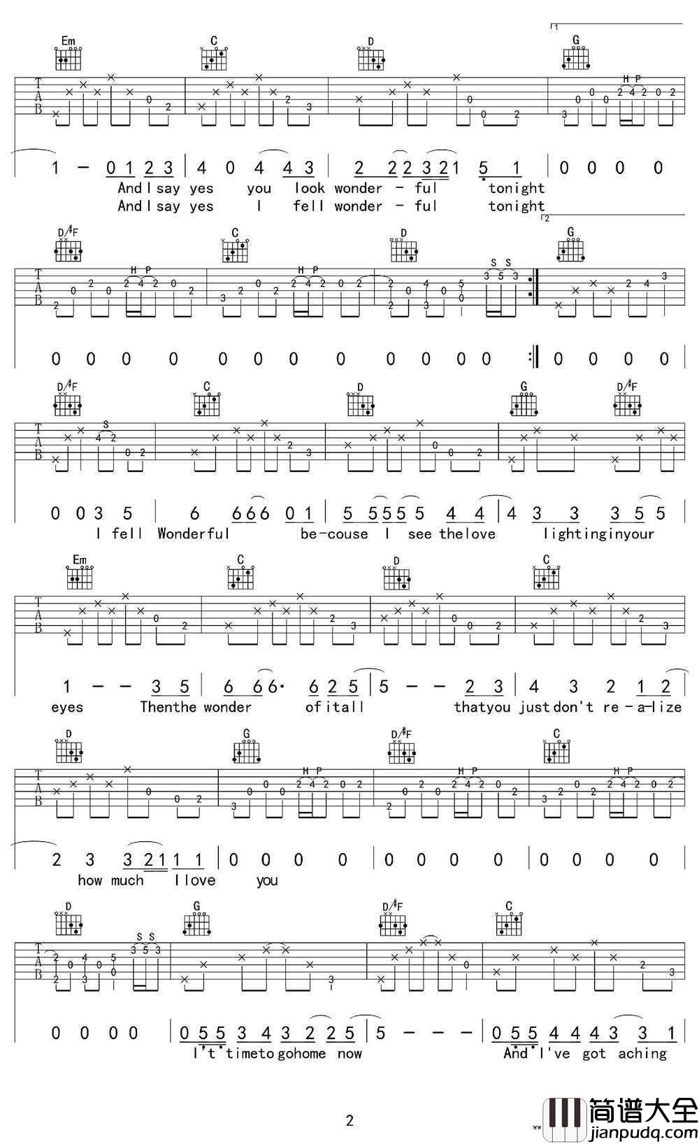 wonderful_tonight吉他谱_Eric_Clapton_G调