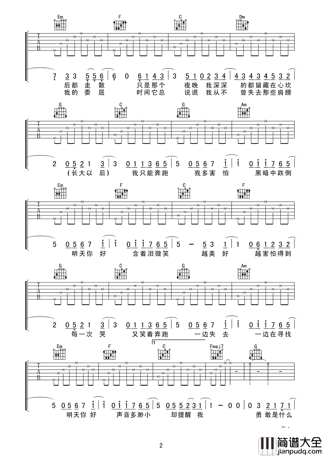 明天你好吉他谱_王俊凯&王源版本,对过去say_goodbye,对未来say_hello