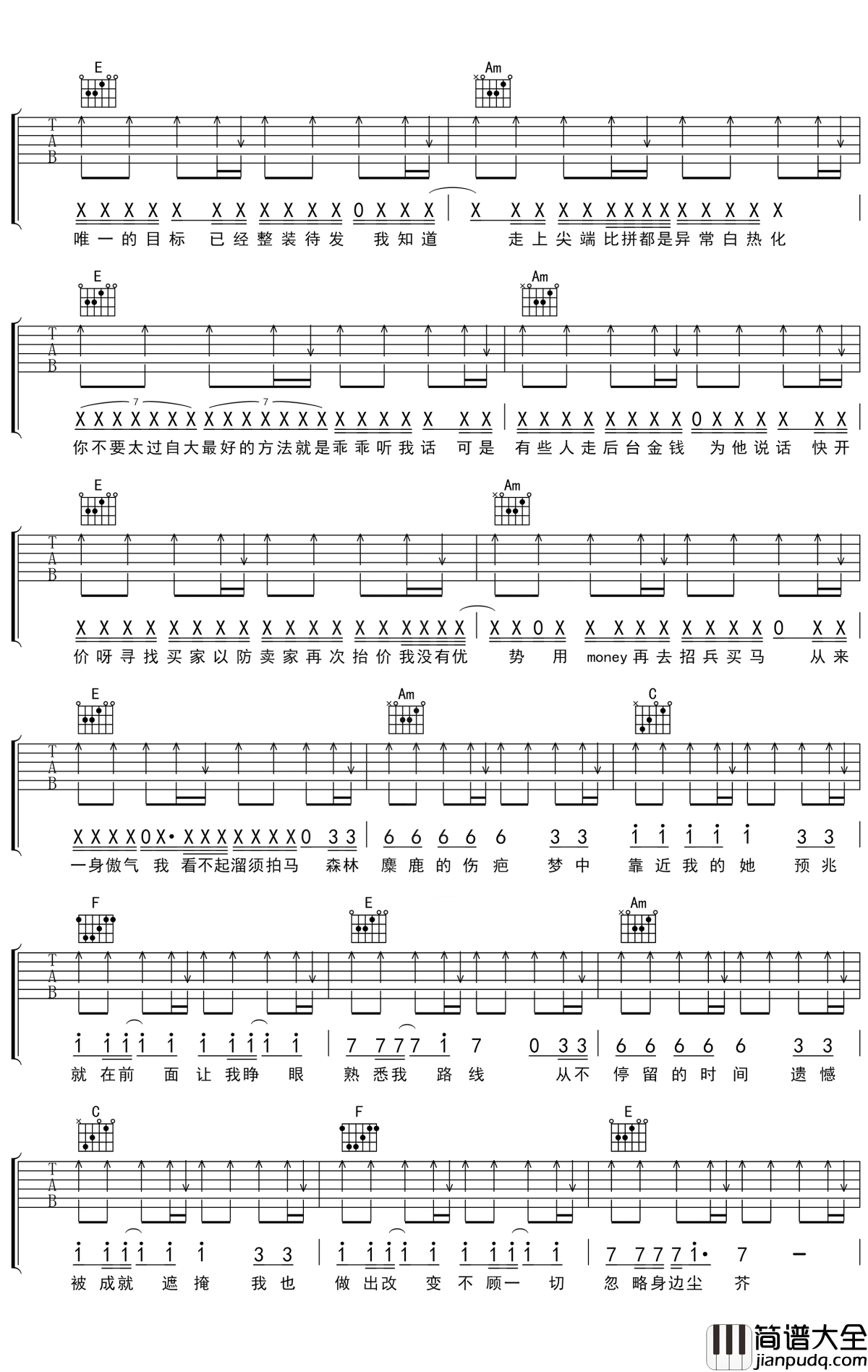 问题不大吉他谱_李沛轩_坚持努力尽力追梦才是最完美的自己